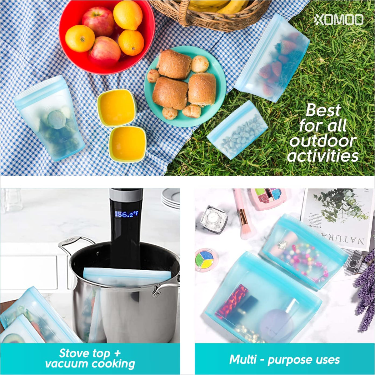 Reusable Food Container Silicone Bag, Upgrade Second Generation 6 Pcs Containers Storage, 100% Silicone Reusable Food Bag, Stand up Preservation Bag, Rounded Interior for Easy Cleaning.