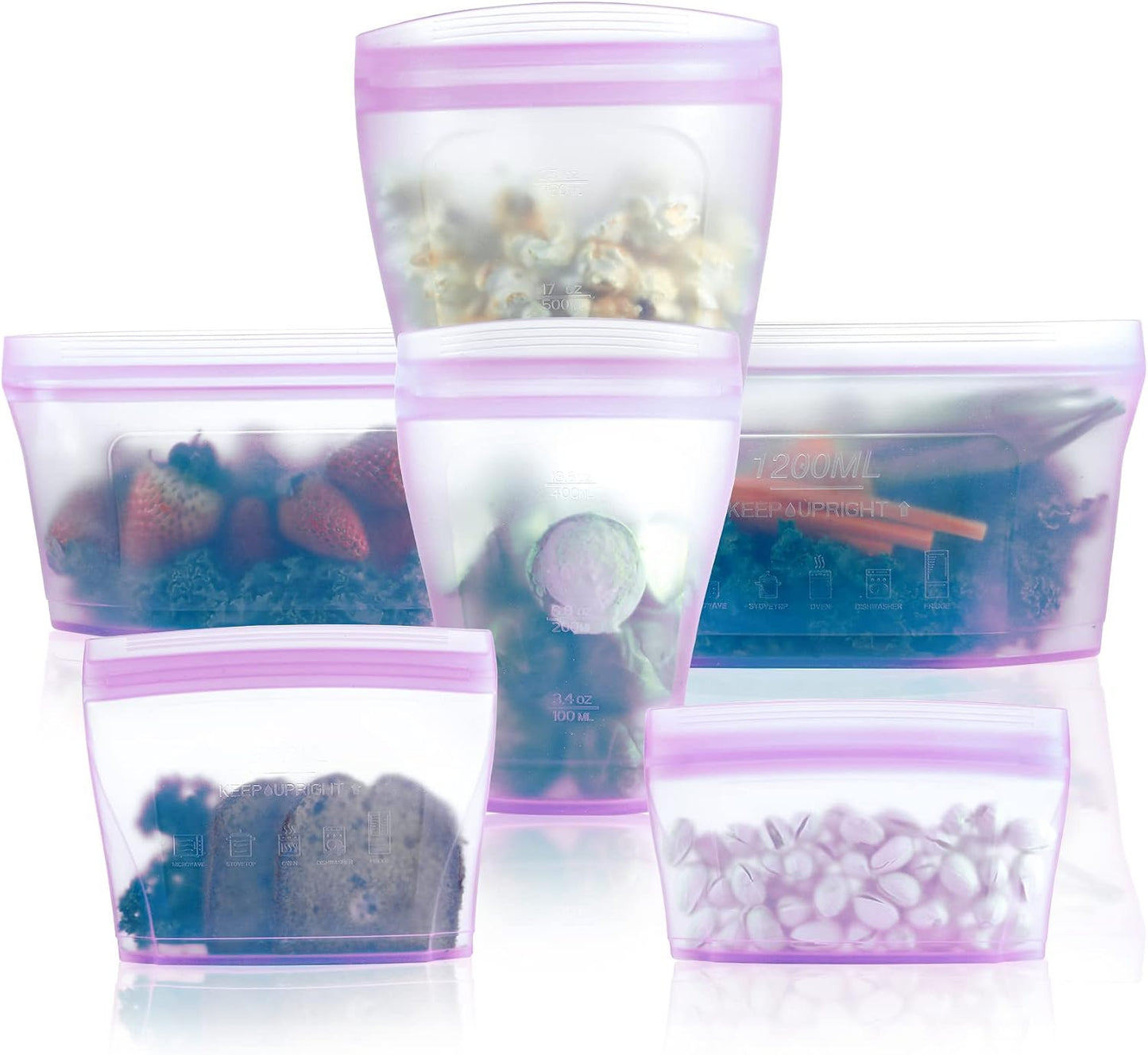 Reusable Food Container Silicone Bag, Upgrade Second Generation 6 Pcs Containers Storage, 100% Silicone Reusable Food Bag, Stand up Preservation Bag, Rounded Interior for Easy Cleaning.