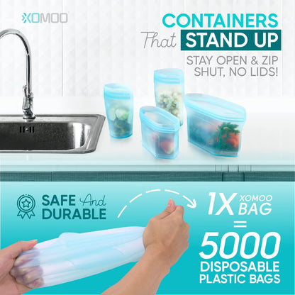 Reusable Food Container Silicone Bag, Upgrade Second Generation 6 Pcs Containers Storage, 100% Silicone Reusable Food Bag, Stand up Preservation Bag, Rounded Interior for Easy Cleaning.