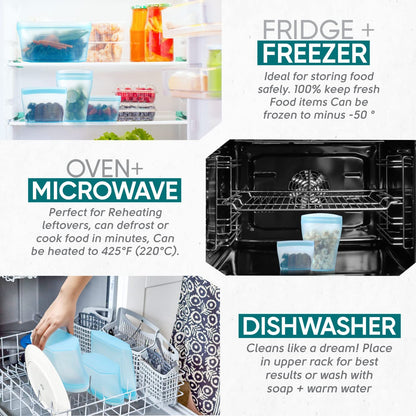 Reusable Food Container Silicone Bag, Upgrade Second Generation 6 Pcs Containers Storage, 100% Silicone Reusable Food Bag, Stand up Preservation Bag, Rounded Interior for Easy Cleaning.